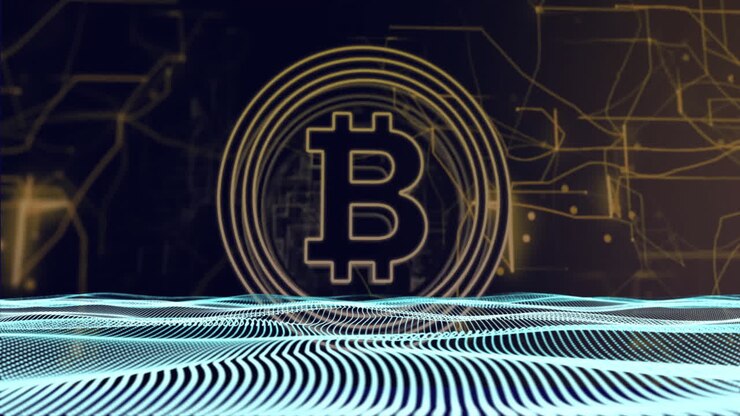 Simbolo Bitcoin su onde digitali e connessioni di rete
