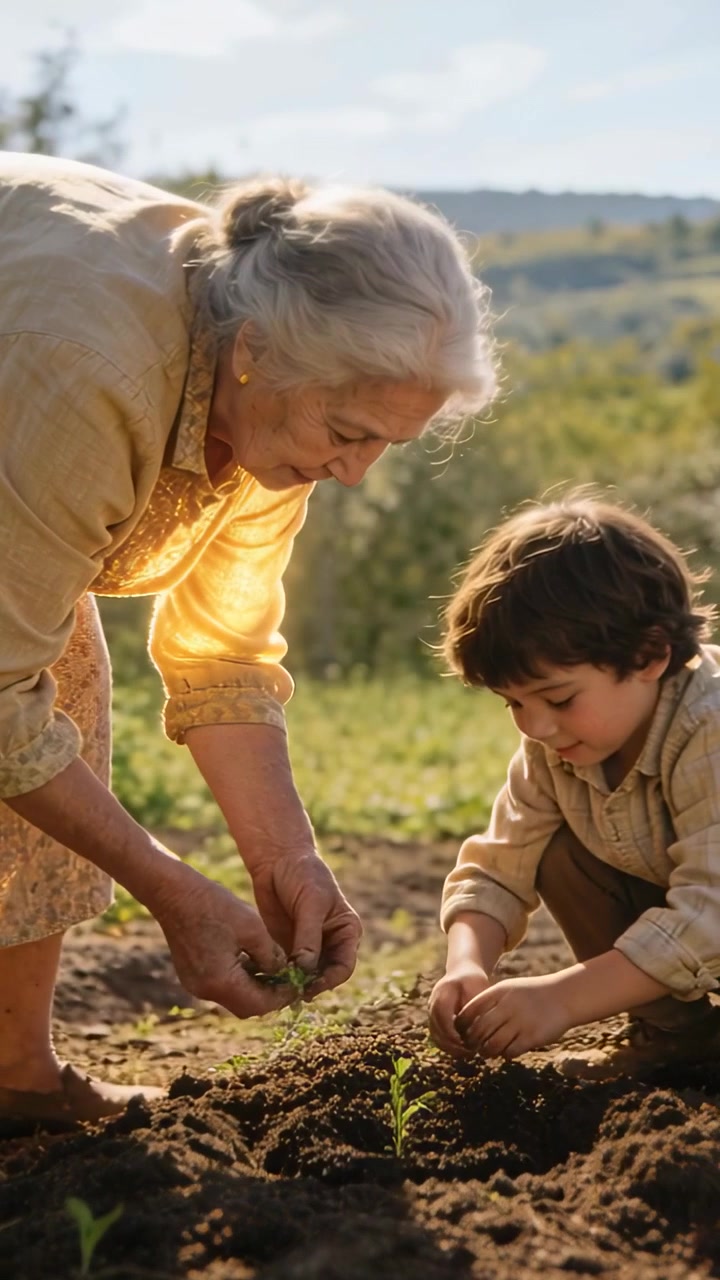 Video verticale: Nonna in maglietta chiara che mette le mani nella terra e insegna al nipote a piantare un germoglio in giardino.