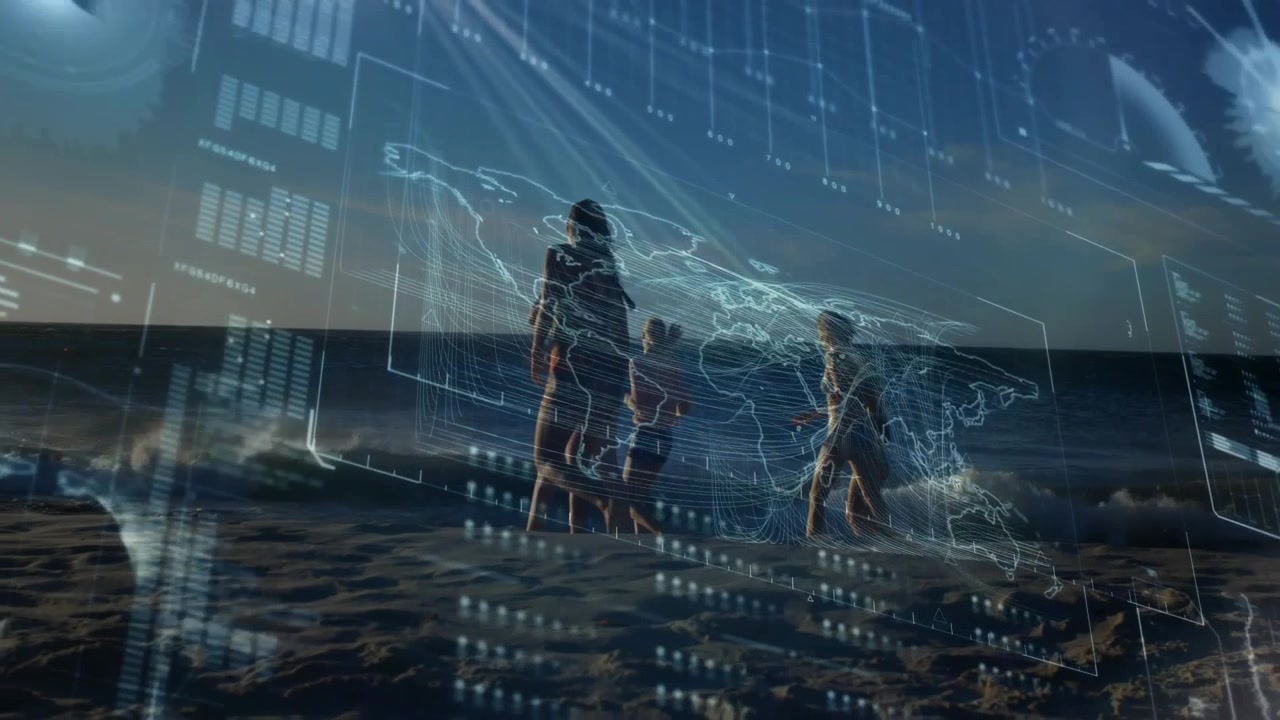 mother leading children walking on sunset beach as map and chart overlays sliding illustrating data