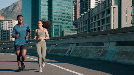 fitness, wellness or couple in city running