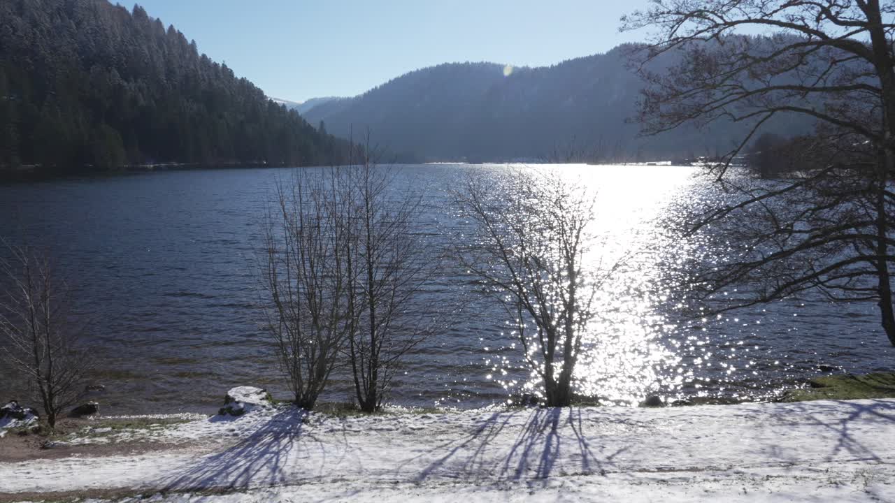 프랑스 보제스 (vosges) 에 있는 눈 인 롱게메르 호수와 그 주변의 산림의 넓은 사진