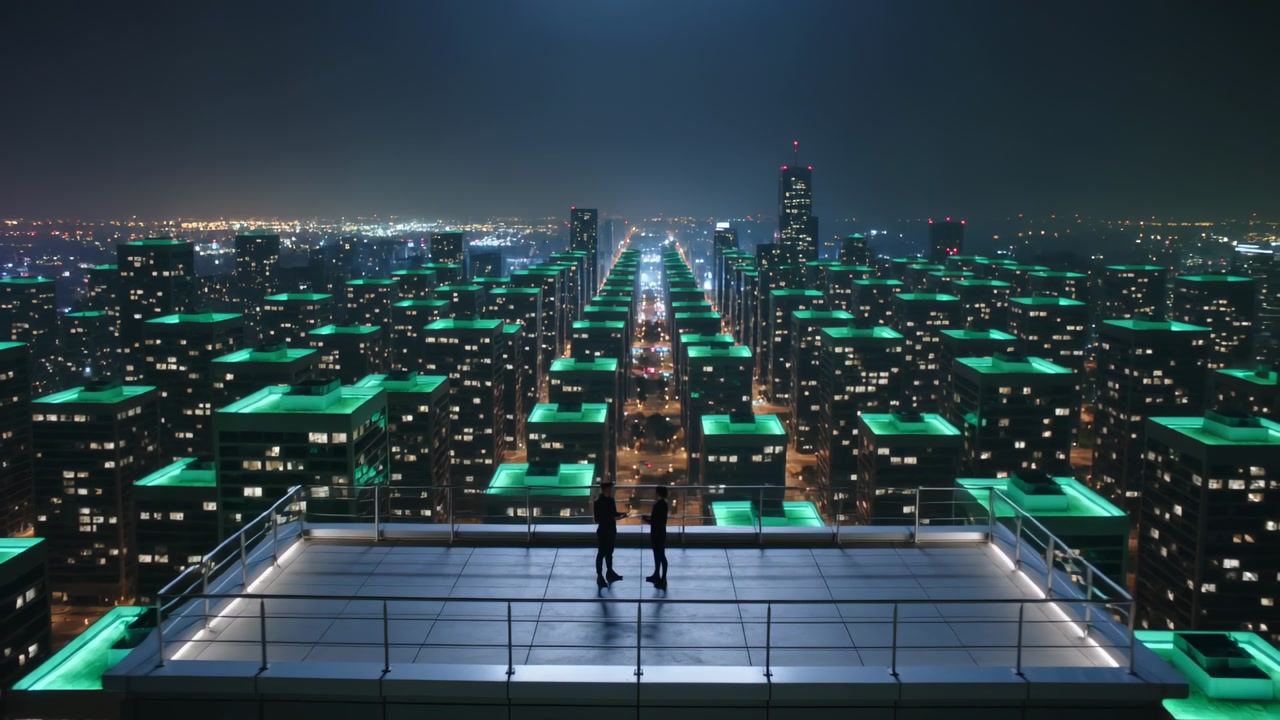 Pointing, two adults in dark jackets discussing avenue from rooftop with rail, green roofs