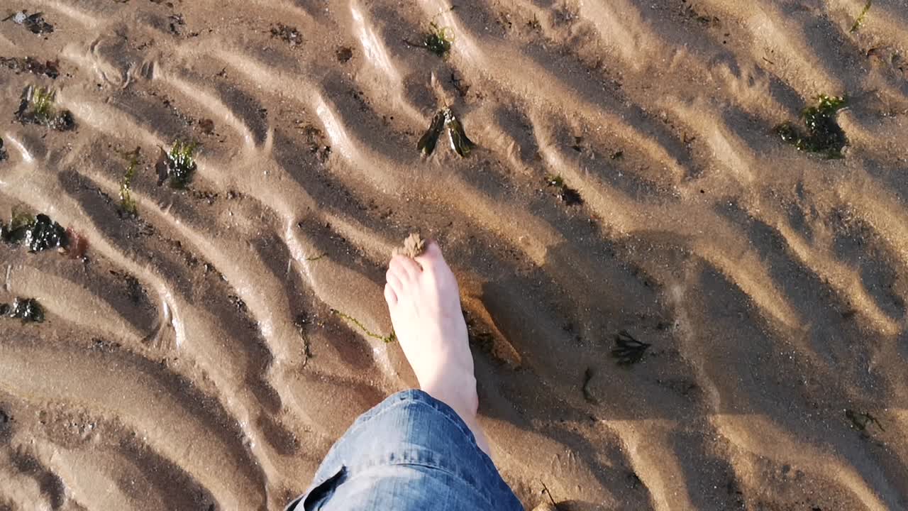 Walking barefoot across the beach, with sand ripples and seaweed