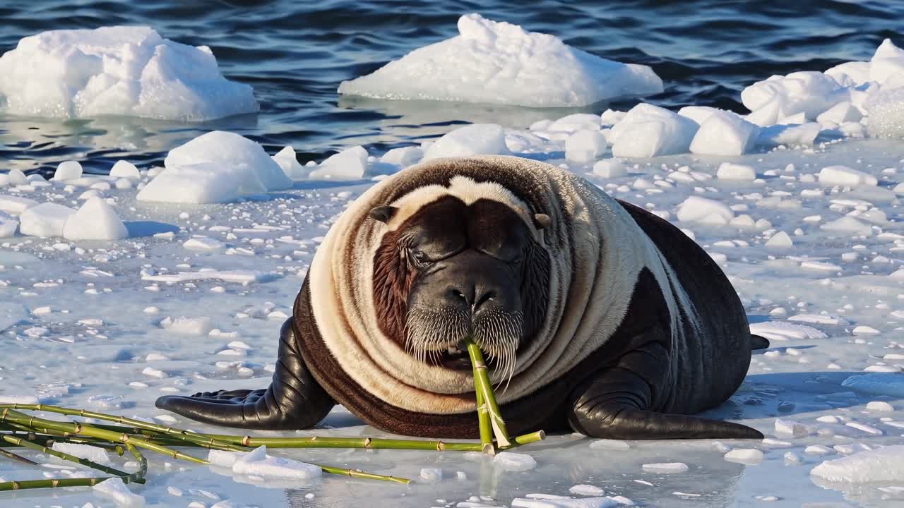 Walrus Eating Bamboo on Ice