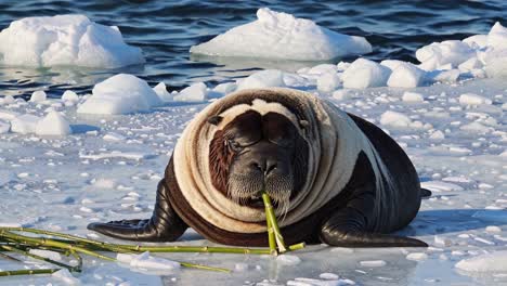 walrus eating bamboo on ice