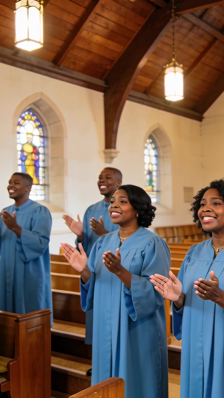 Vertical video: Singing choir in blue robes responding to lead man starting hymn
