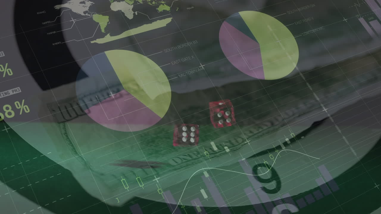 은행권과 주사위에 대한 데이터 처리의 애니메이션