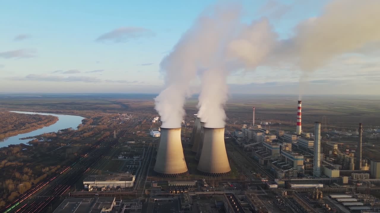 Ripresa aerea con drone di una centrale elettrica con torri di raffreddamento che emettono vapore, mostrando un impianto industriale