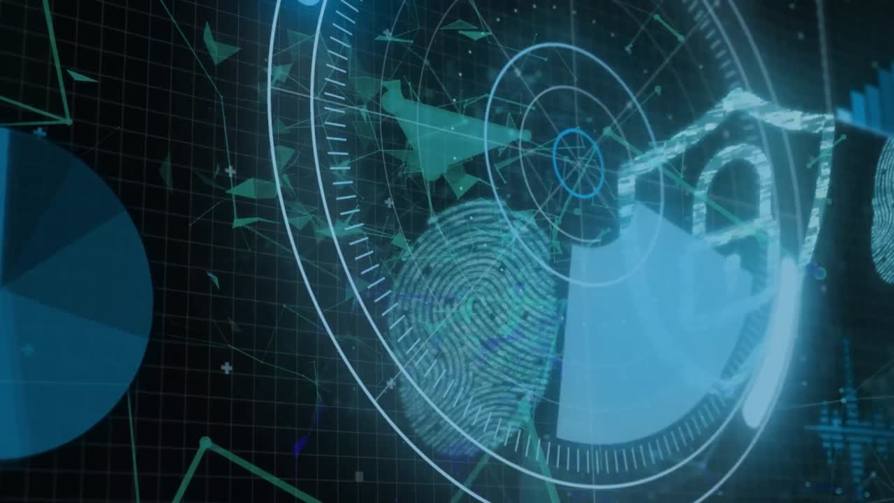 animación de la red de conexiones y escaneo de alcance con icono de candado