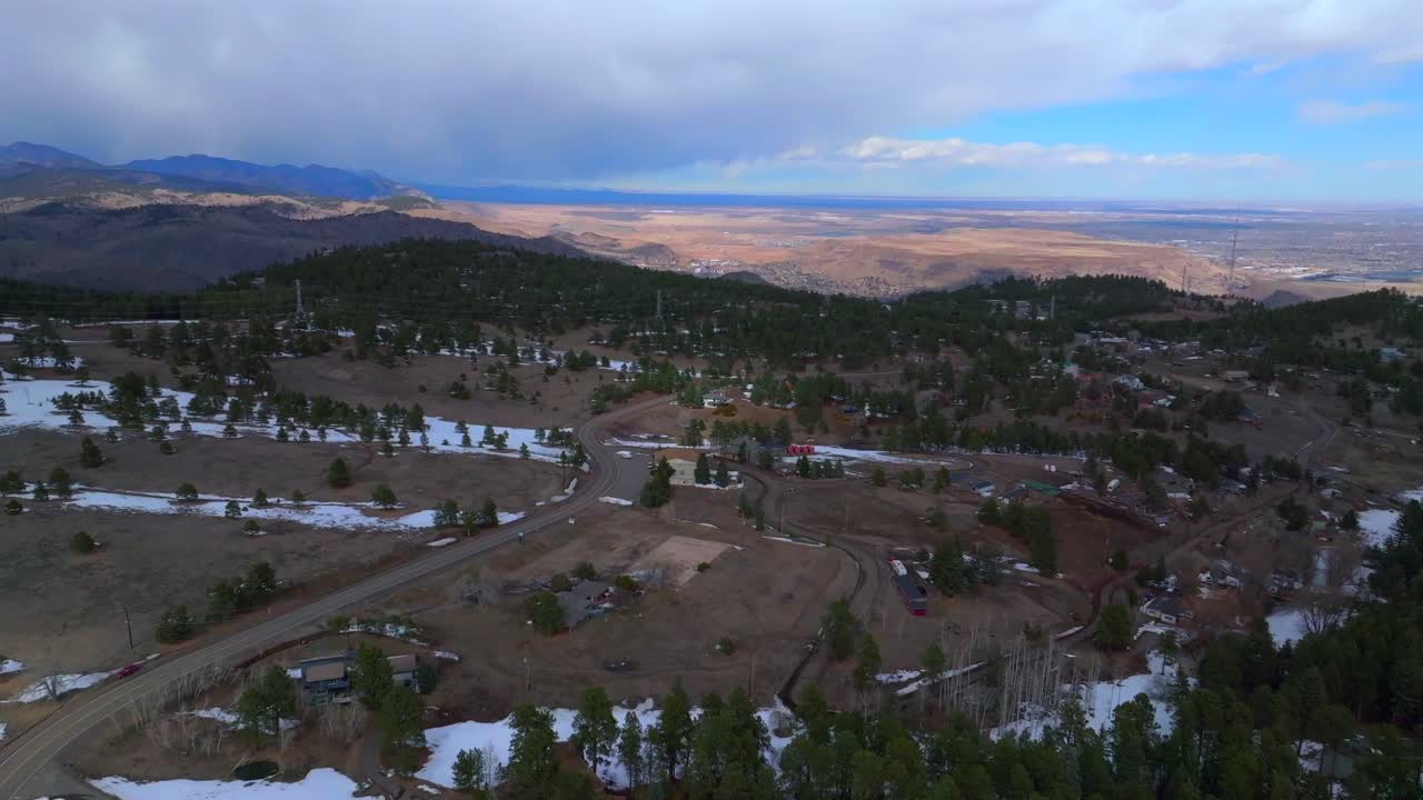 Lookout Mountain Genesse Morrison Evergreen aerial drone view Colorado Golden Gate Canyon power lines winter sunny cloudy afternoon Buffalo Bills Grave blue sky Boulder forward motion