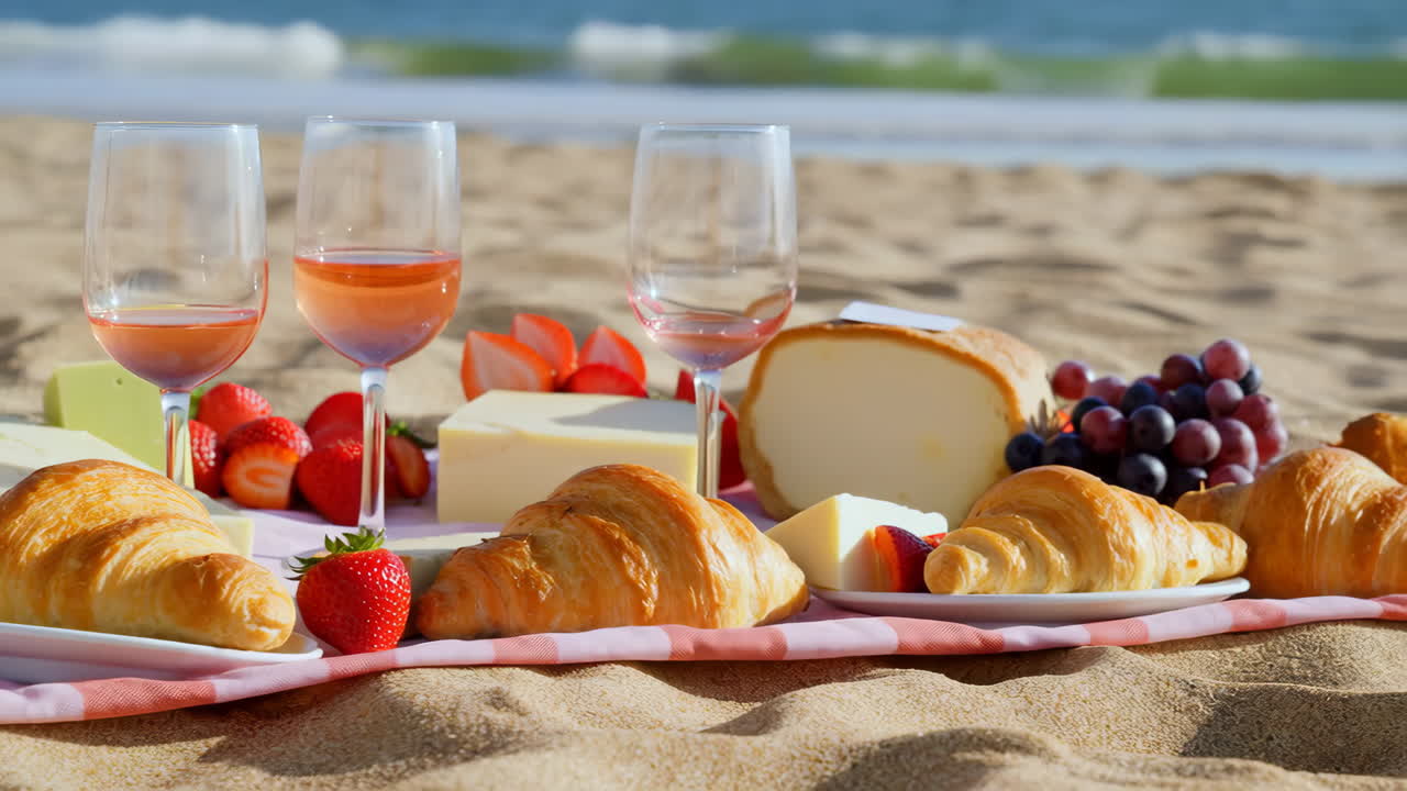 Beach picnic with wine, cheese, and croissants