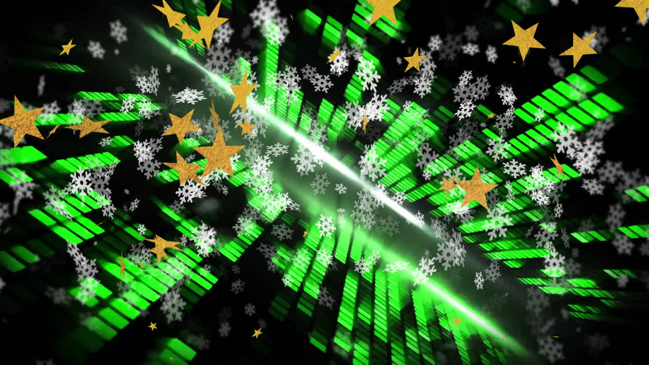 Snowflakes and stars animation overlaying dynamic green digital matrix background