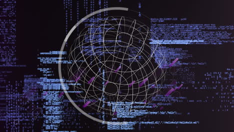 Animación-De-Fuegos-Artificiales-Morados-Y-Globo-Terráqueo-Sobre-Interfaz-Con-Procesamiento-De-Datos