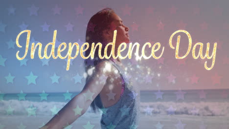 animation of american flag pattern over woman on beach