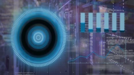 Animation-of-loading-circles,-graphs-and-computer-language-over-server-room