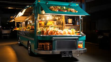 vibrant food truck serving fresh gourmet meals during evening hours
