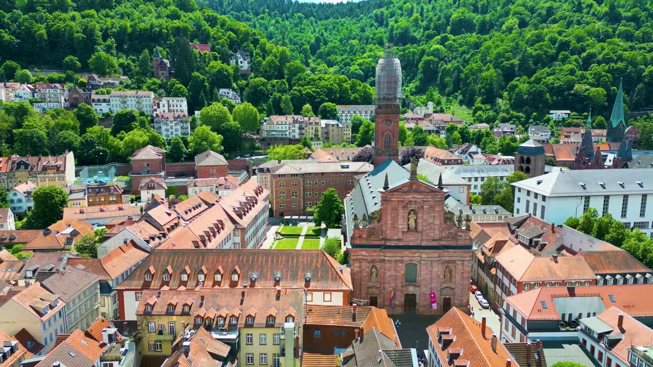 4K Aerial Drone Video of the Historic Jesuitenkirche Church in Heidelberg, Germany
