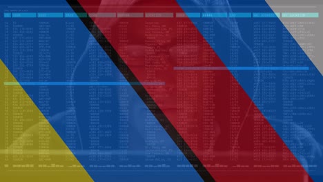 animación de un hacker caucásico sobre la bandera de rusia y ucrania