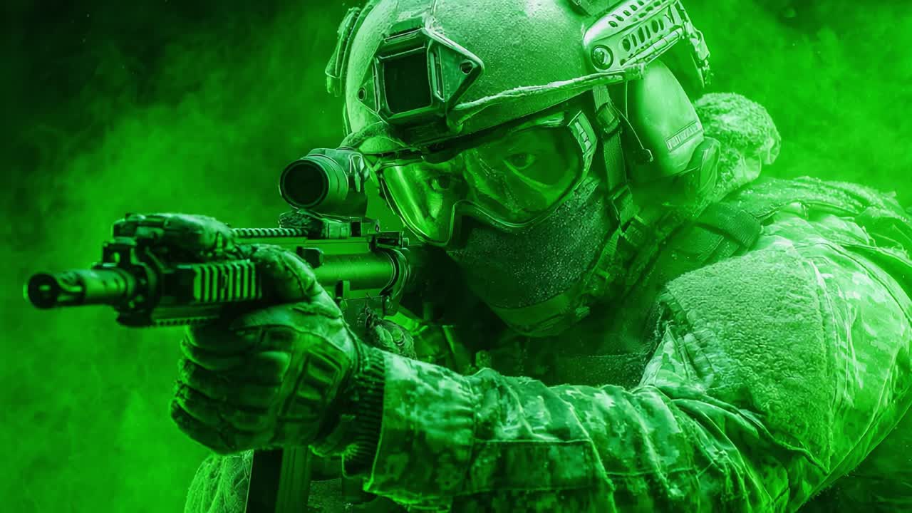 A Tactical Soldier in Full Combat Gear Aims with Precision, Surrounded by a Dramatic Green Smoke Backdrop, Embodying the Intensity of Modern Warfare Operations