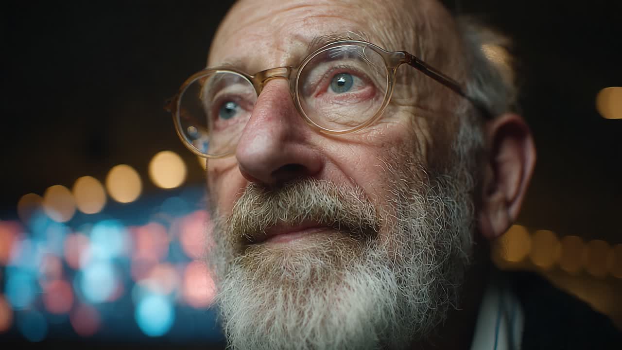 An Introspective Moment: A Close-Up Portrait of a Thoughtful Elder, Captured with Soft Lighting and a Blurred Background of Distant Colors