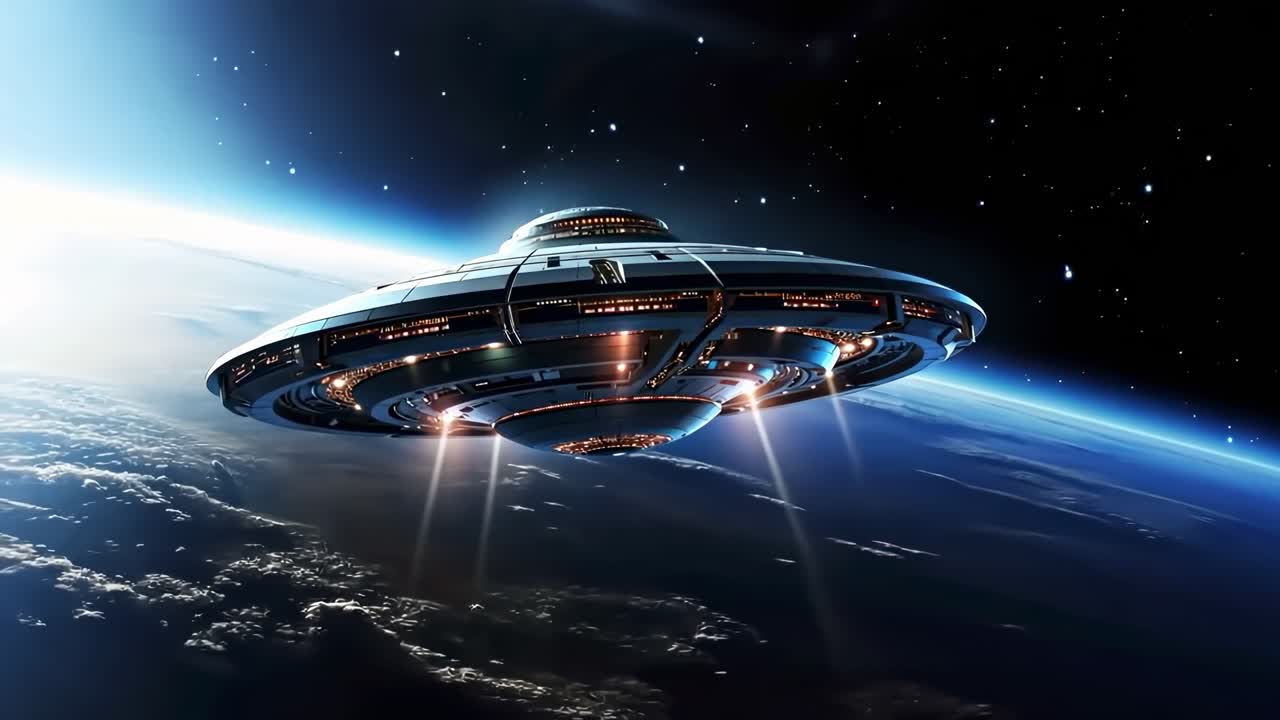 Futuristic video concept of a UFO hovering above Earth