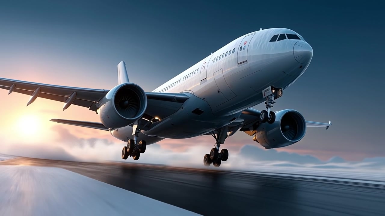 Grande aereo passeggeri commerciale che decolla da una pista durante un tramonto vibrante con effetto mosso.