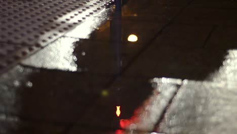 puddle reflecting urban sidewalk pedestrian crossing lights change on rainy night