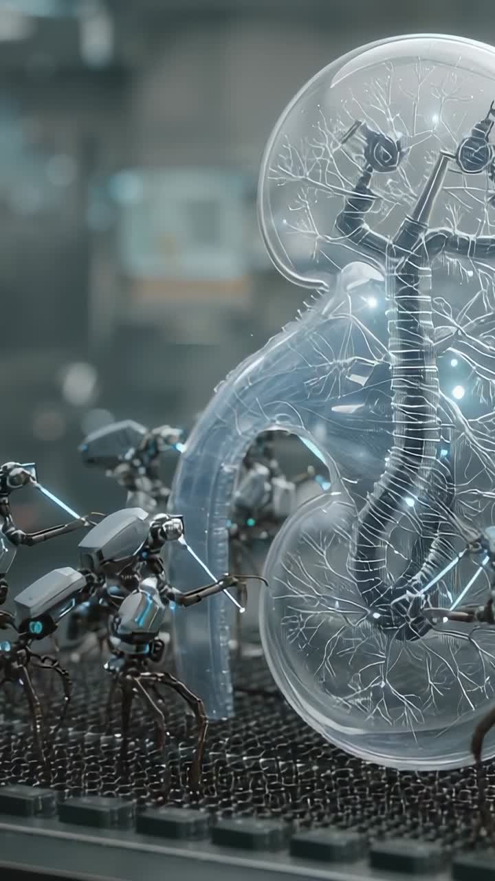 Vertical video: Responding to activation pulse robots probing clear lungs on grid with blue lights