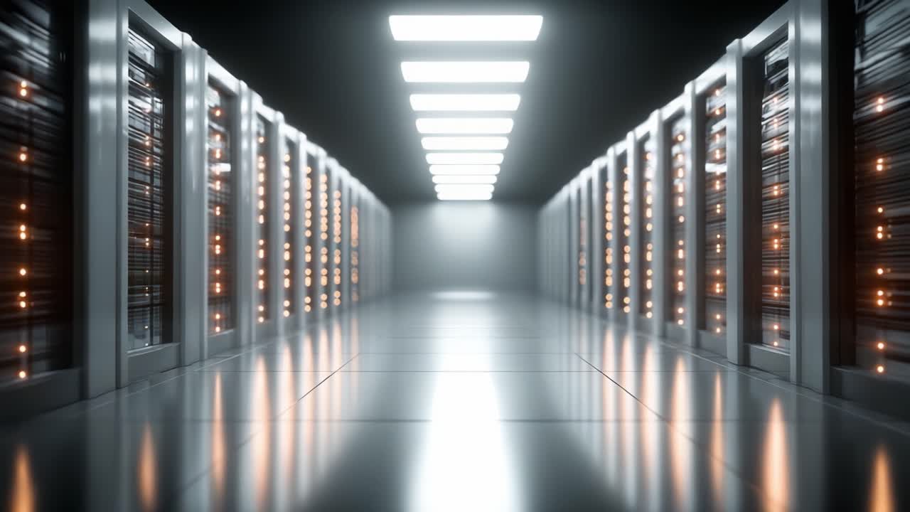 Et futuristisk datacentermiljø, der fremviser serverracks, moderne teknologi og oplyste gange, hvilket repræsenterer banebrydende datalagringsløsninger i et kontrolleret miljø.