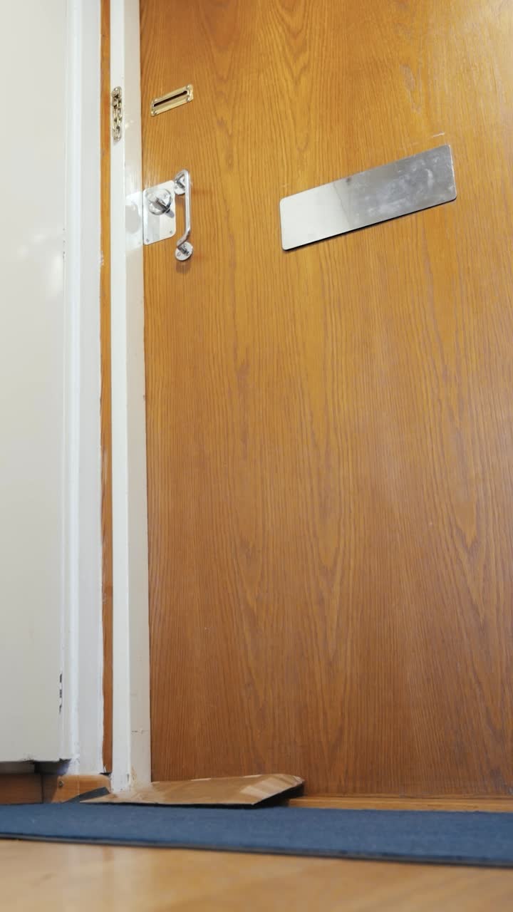 Small parcel dropped through a mail slot in the door landing on the floor. Slow motion