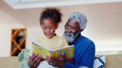 Happy-grandfather,-kid-and-reading-books-on-sofa