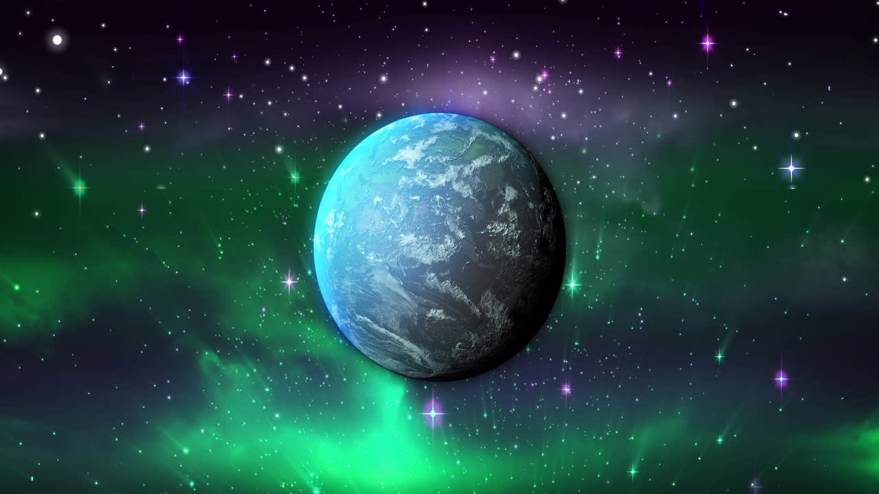Animation of blue planet over violet and green space with stars