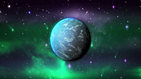 animation of blue planet over violet and green space with stars