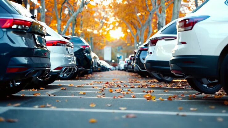 Una fila de coches estacionados en un estacionamiento