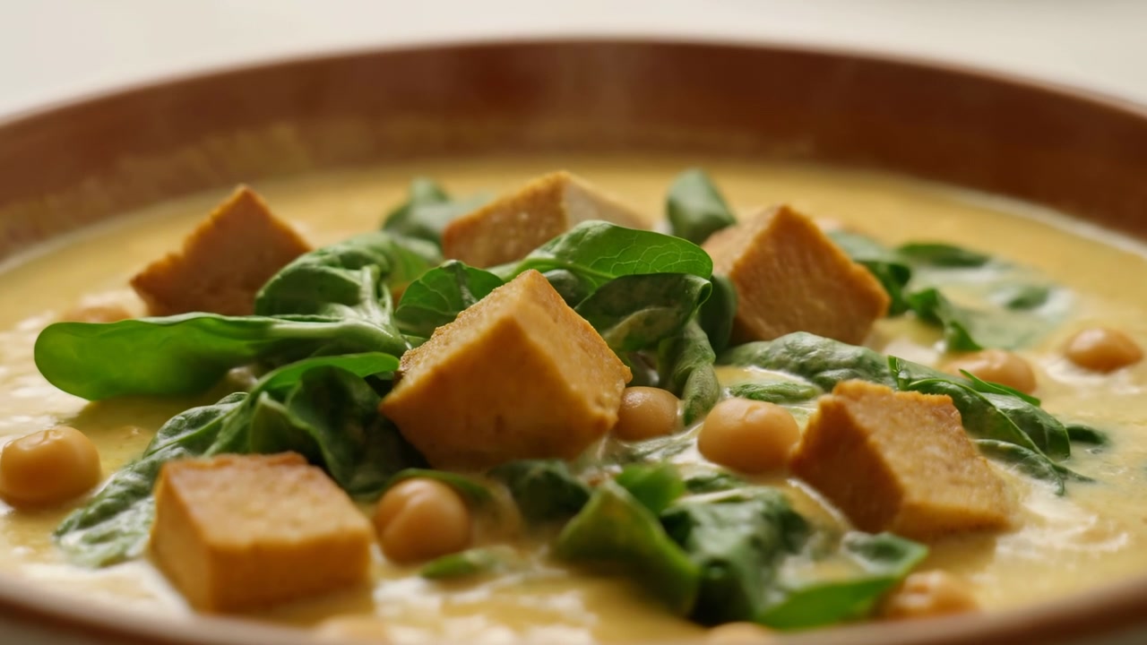 Bol de curry cremoso de tofu y garbanzos con espinacas, caldo dorado de coco, cubos de tofu asado y garbanzos tiernos.