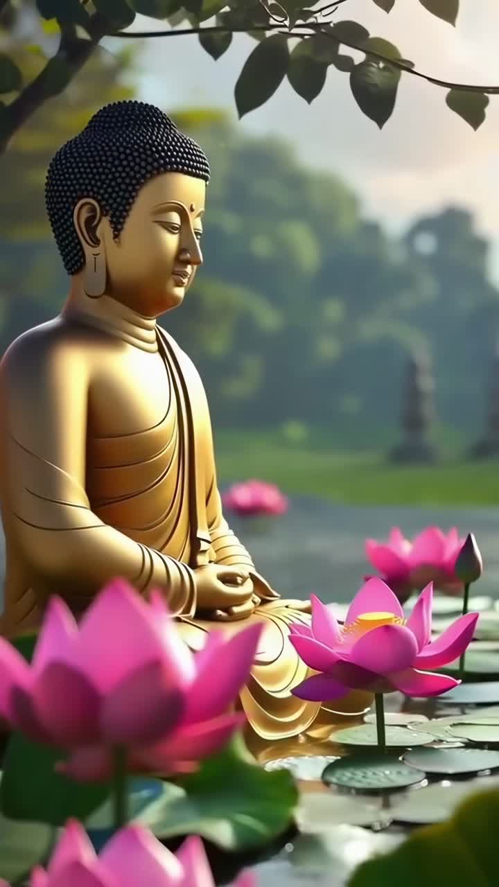 Statua serena di Buddha tra fiori di loto, ripresa in un tranquillo giardino, angolo laterale Perfetto