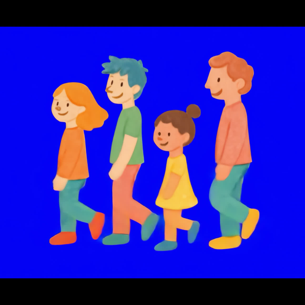 Whimsical family walking illustration animation isolated asset, transparent 4K video, alpha channel
