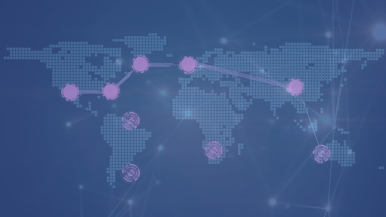 세계 지도를 가로지르는 연결 네트워크의 애니메이션