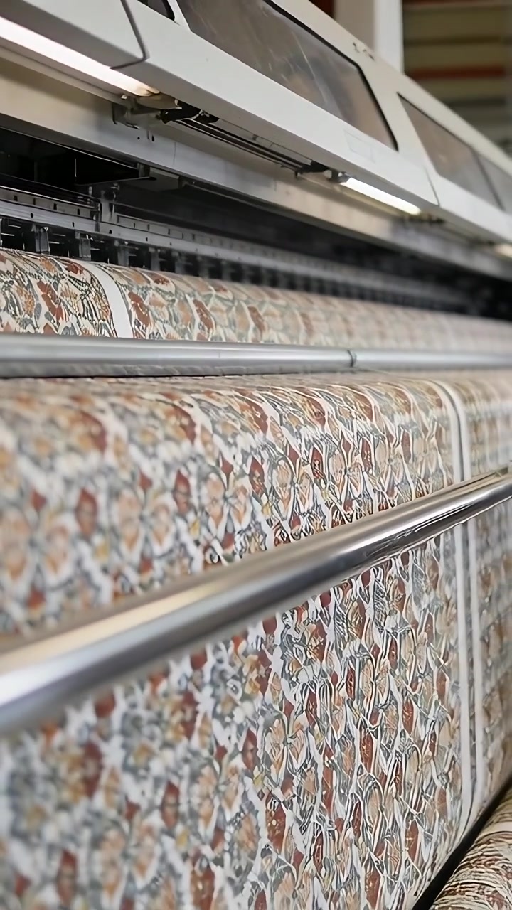 Vertical video: Starting printer feeding printed fabric in shop, winding onto lower roller