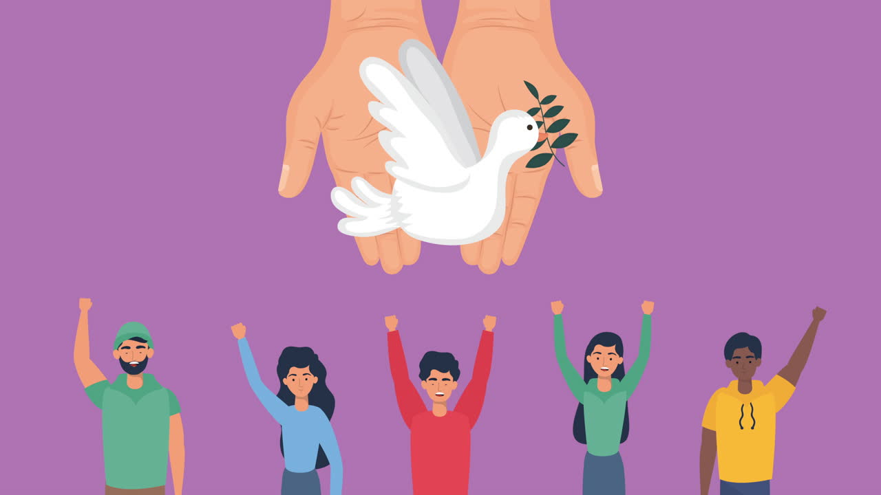 젊은이들이 비둘기 날아다니며 시위를 벌이고 있습니다.