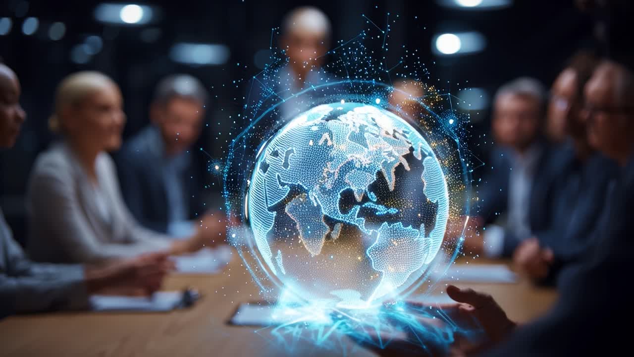 Dynamic Global Collaboration: A Vivid Representation of Contemporary Business and Technology Interconnectedness, Showcasing a Global Network and Team Engagement in a Modern Workspace Environment