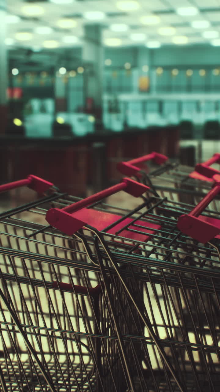 슈퍼마켓 체크아웃에서 빈 쇼핑 카트