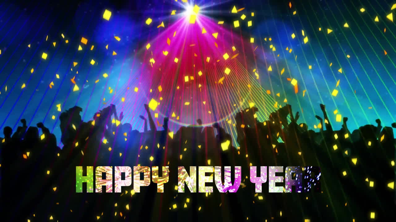 Animation of happy new year text over stage with lights and people dancing