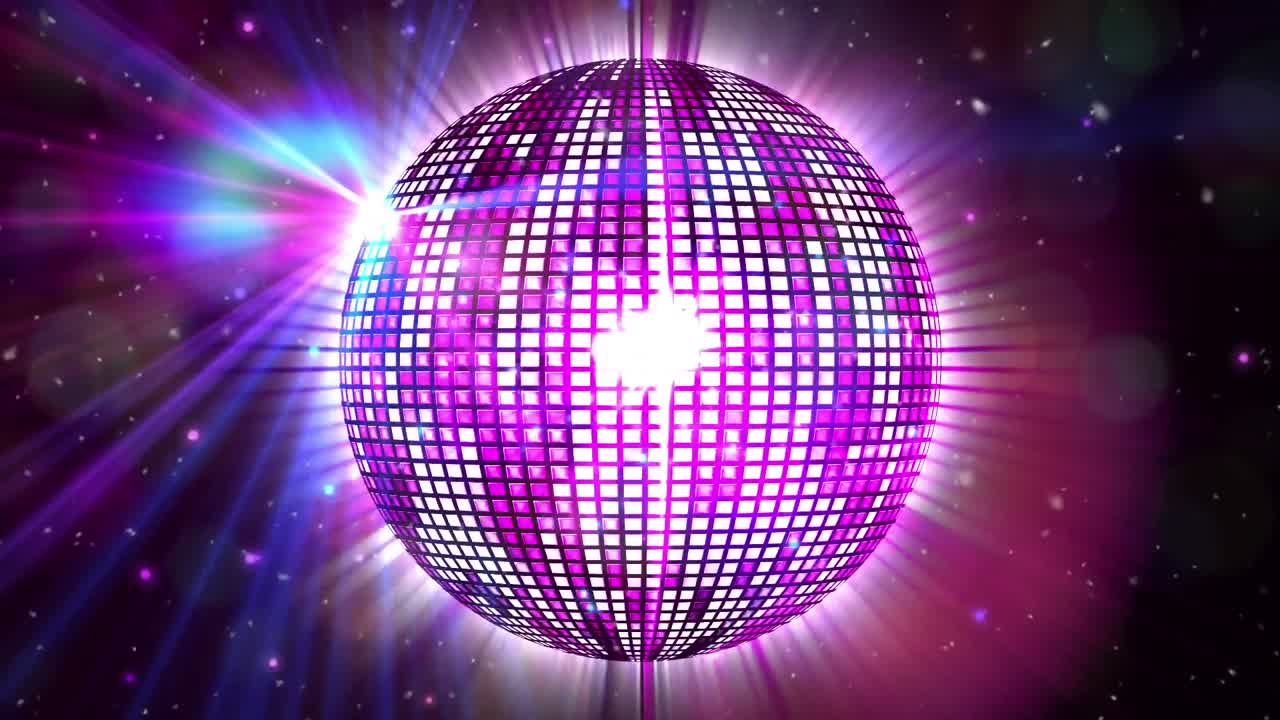 animación de puntos de luz que caen sobre una pelota de discoteca giratoria sobre un fondo negro.
