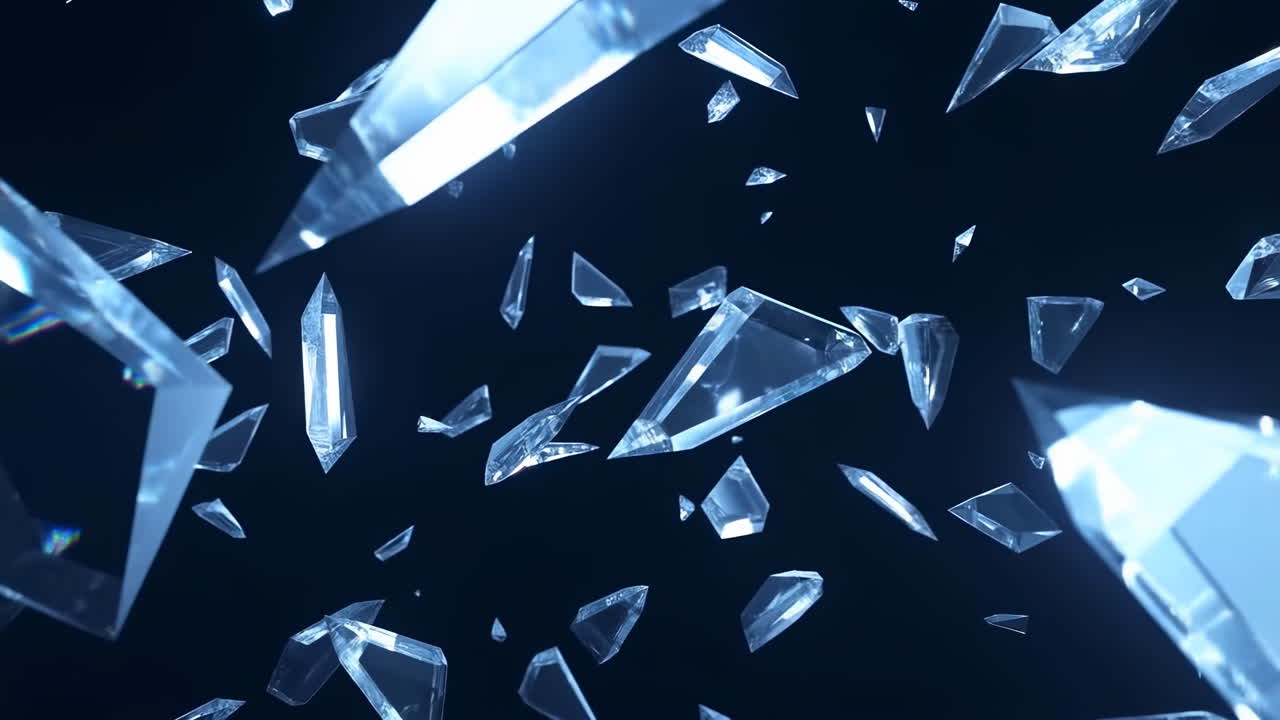 Schegge di vetro geometriche che ruotano lentamente su sfondo nero