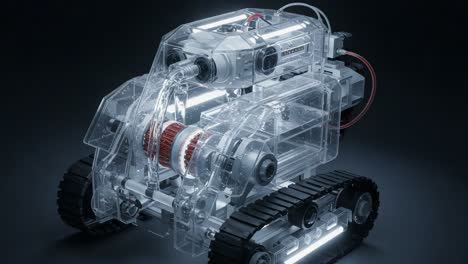 a stunning transparent robotic vehicle showcasing intricate mechanics and modern design, highlighting advanced technology and engineering innovations in robotics