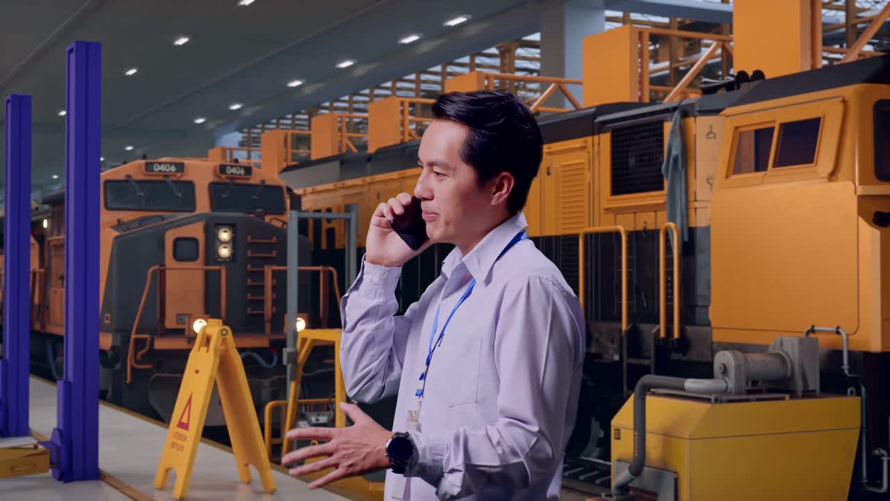 Vista lateral de un trabajador profesional asiático de pie, ingenieros de mantenimiento de trenes en un depósito. Coge el teléfono y empieza a hablar con una leve sonrisa.