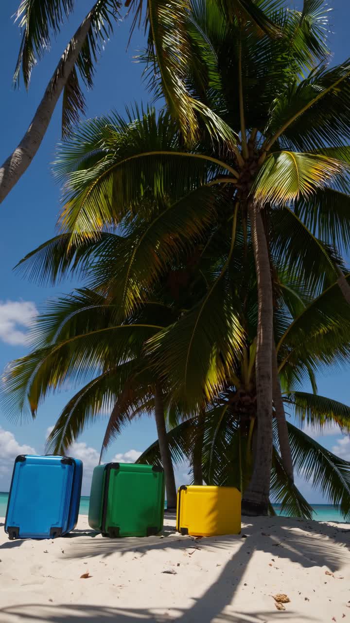 Ripresa video dal basso di valigie vivaci su una spiaggia tropicale, incorniciate da palme sotto un cielo sereno