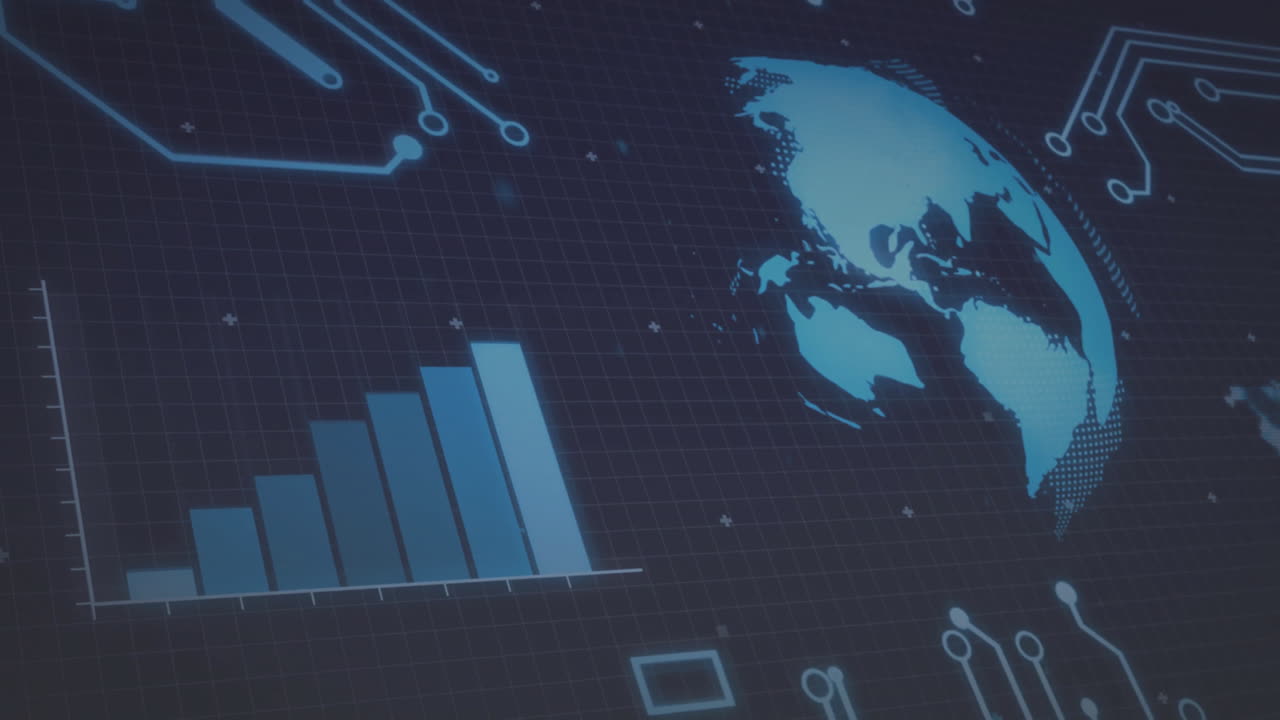 Stylized digital globe spinning, showing rising bar chart and glowing circuit lines in flat design