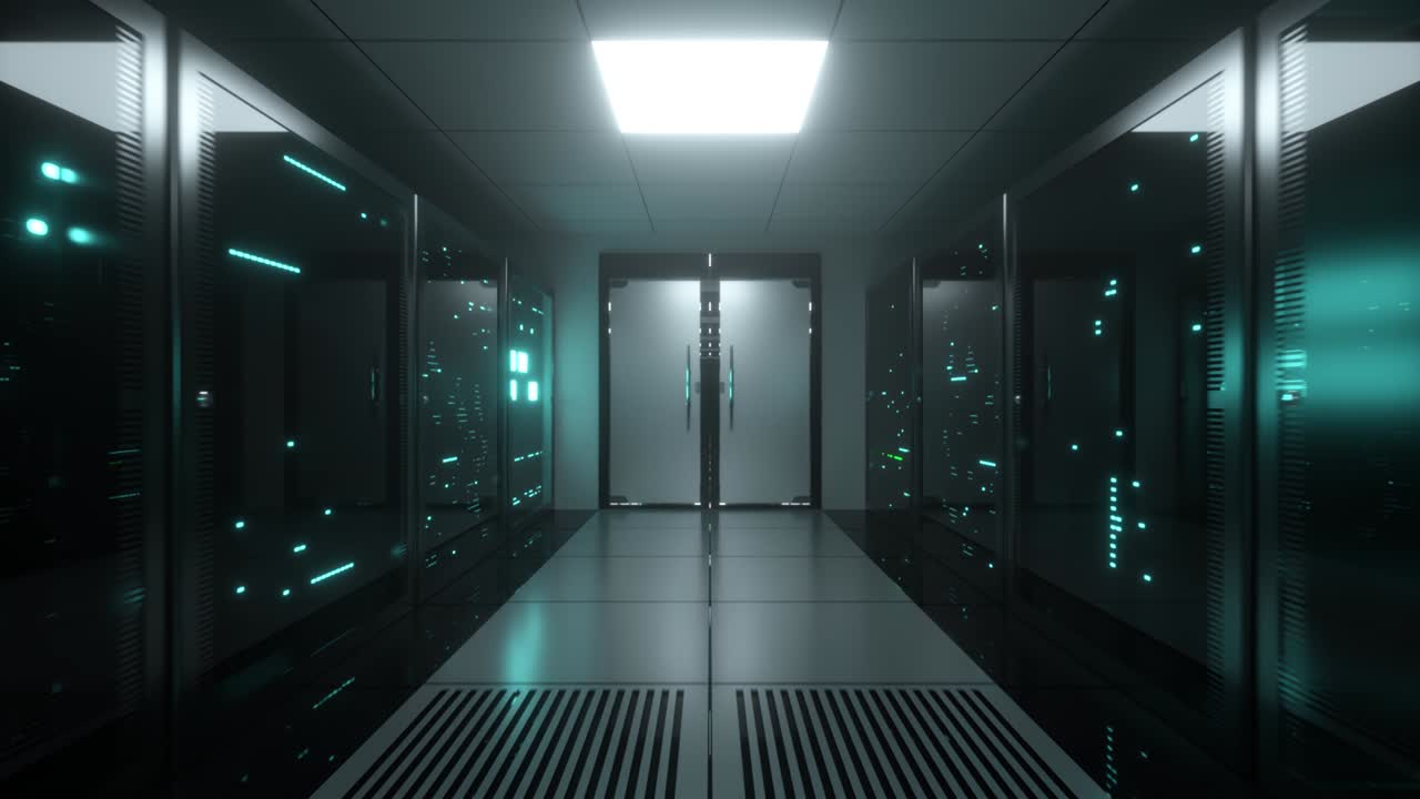 Uendelig flyvning over serverblokke. Datacenter og internet med åbnende døre. Serverrum med fungerende flimrende paneler bag glasset. Teknologisk korridor. Sømløs loop 3D-render
